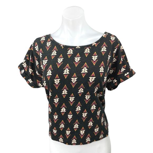 Rachel Zoe Black Tribal Print Short Sleeve Button Back Crop Shirt Blouse Top XL - Picture 1 of 5